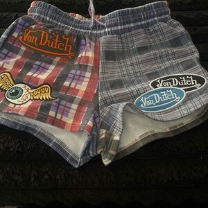 Von Dutch Plaid Patchwork Shorts in Blue, Red, Gray
